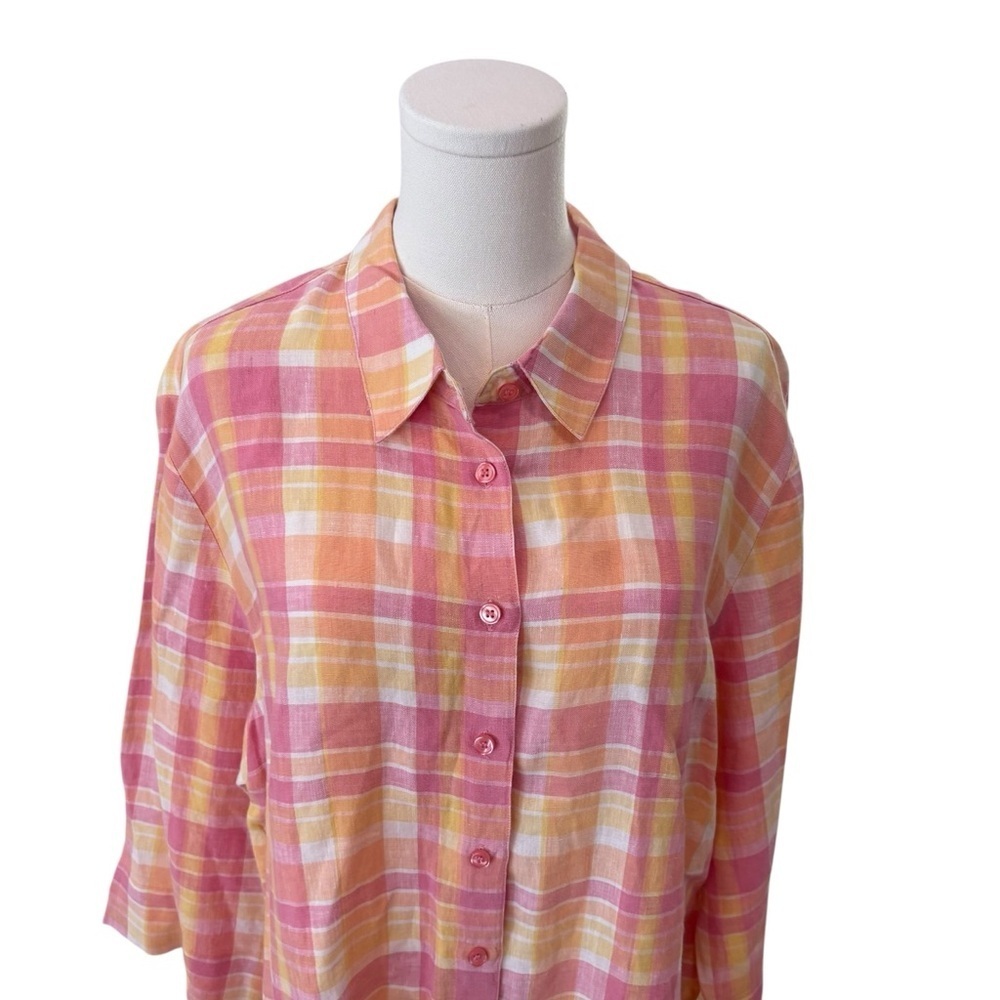 Women's XL Pastel Pink Yellow Plaid 100% Linen Boxy Button-Up Breathable Shirt - Picture 3 of 9